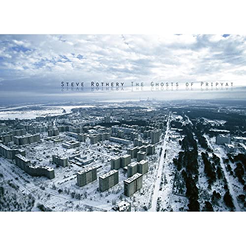 Aerial view of a snow-covered city with text overlay reading Steve Rothery The Ghosts.