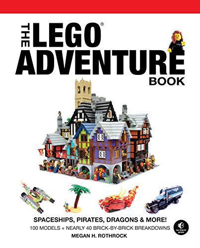 LEGO Adventure Book cover featuring built models: spaceships, castles, and dragons.