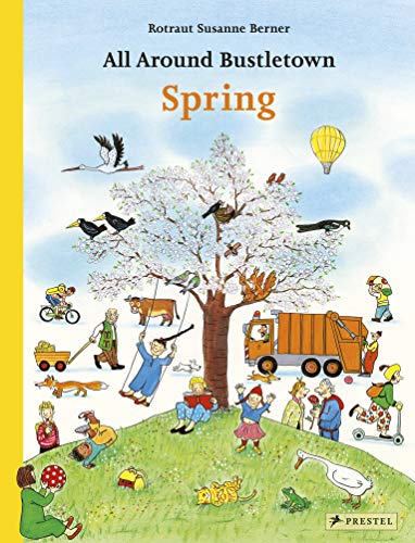 Book cover illustration showing people, animals, and a blooming tree in a spring park.