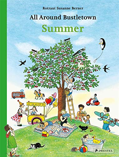 Colorful illustration of a town with children playing, surrounded by lush summer scenery.
