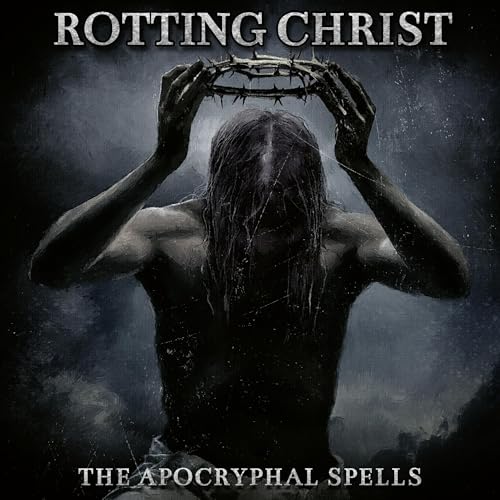 Rotting Christ album cover: dark figure with crown of thorns, stormy background.