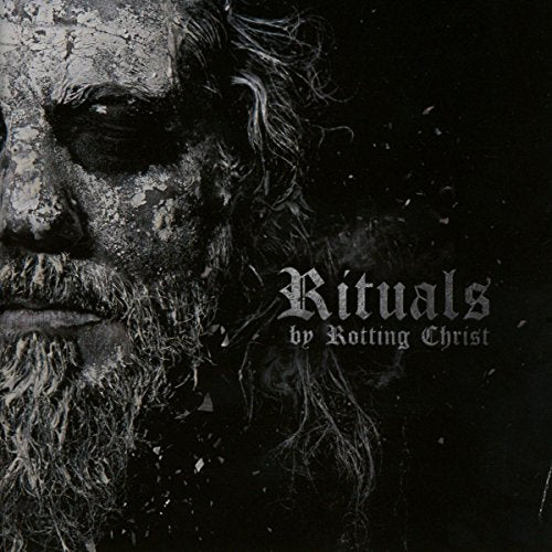 Black and white album cover for Rotting Christ’s “Rituals” featuring a bearded man.