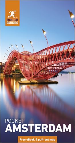 Rough Guides Pocket Amsterdam travel book cover featuring a red bridge over water.