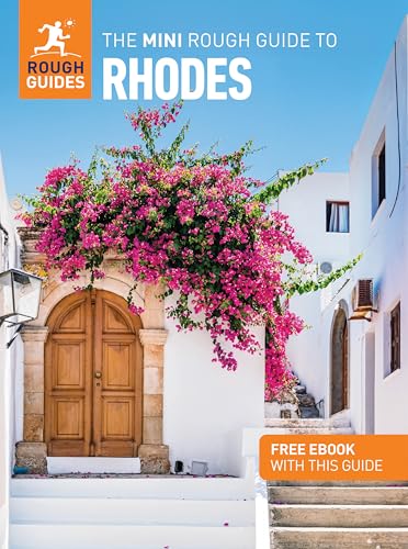 Book cover for The Mini Rough Guide to Rhodes featuring pink bougainvillea over a doorway.