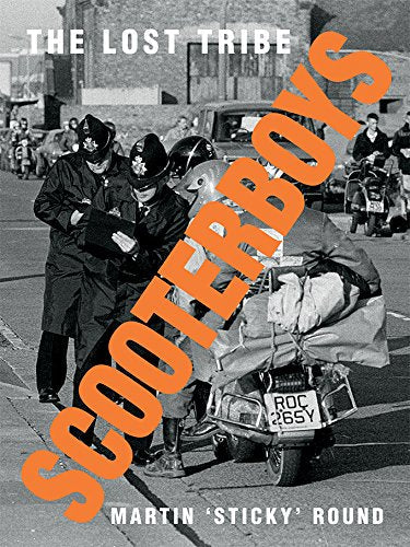 Black and white photo of police interacting with scooter riders in Britain.