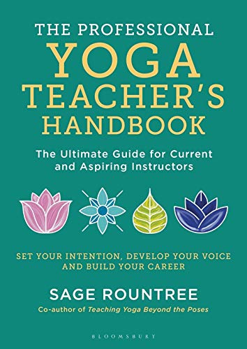 Book cover: "The Professional Yoga Teacher's Handbook" with floral designs.