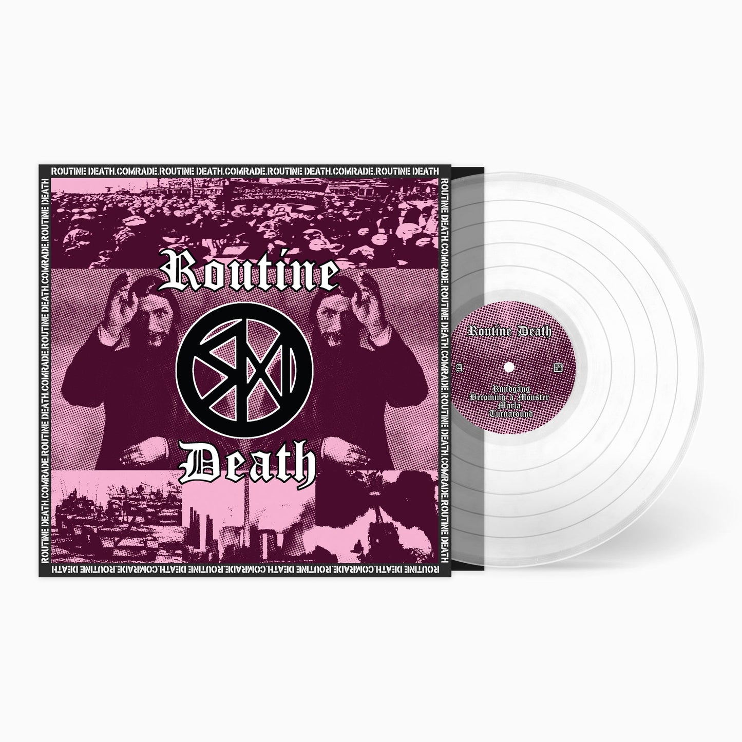 Vinyl record with red and black abstract cover art, central graphic design.