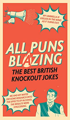 Red book cover with bold text: "All Puns Blazing," illustrated with cartoon figures.