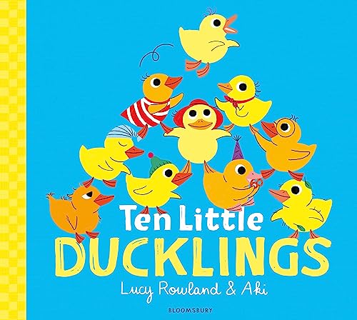 Ten yellow ducklings stacked in a pyramid on a bright blue book cover.
