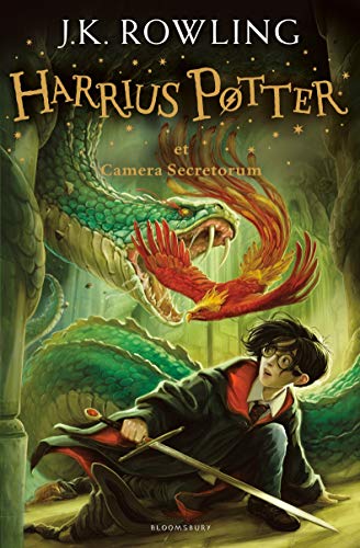 Book cover: Harry Potter battling a serpent with a phoenix, in Latin.