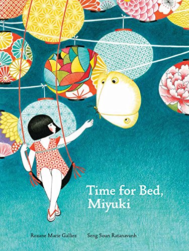 Girl swings toward a glowing moon amidst colorful paper lanterns.