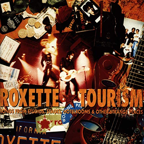 Collage of concert photos, guitar, coins, and travel items on the Roxette Tourism album cover.