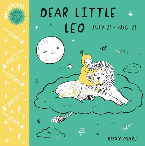 Illustration of a child riding a lion under a crescent moon and stars.