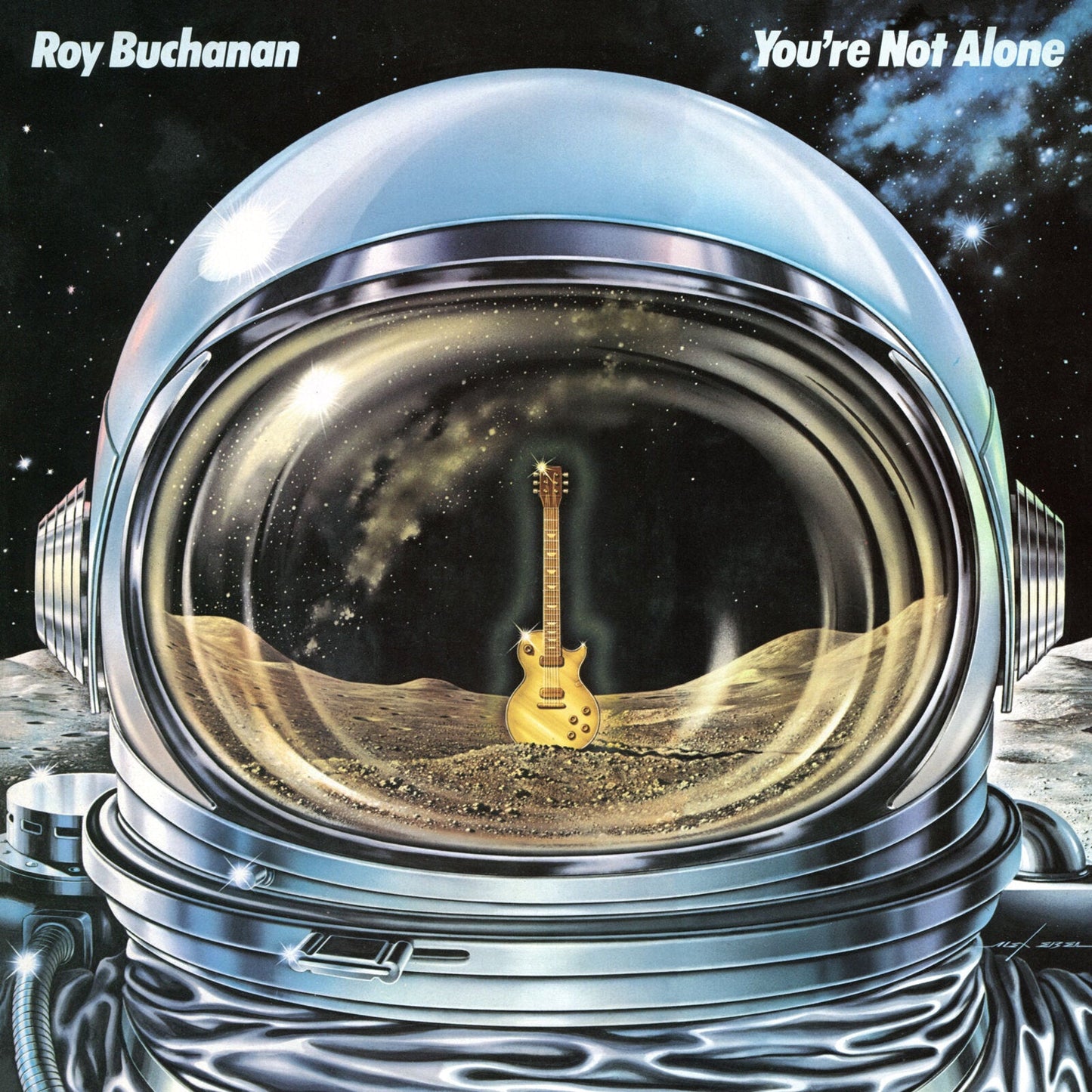 Album cover: astronaut helmet containing a guitar on a moonscape.
