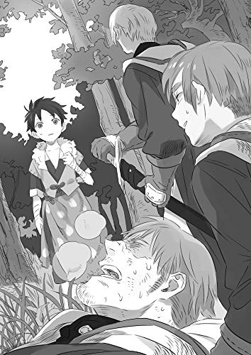 Black and white manga illustration of three young men and a prone figure.