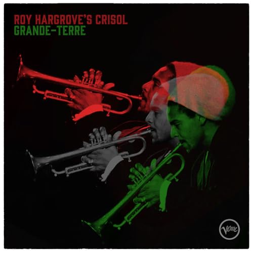 Roy Hargrove playing trumpet in a red and green tinted image on black background.