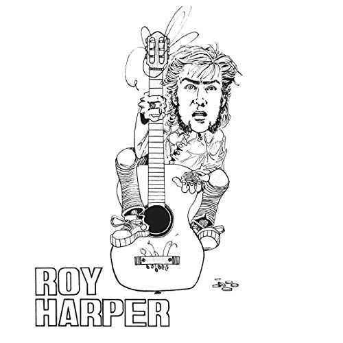 Black and white illustration of Roy Harper with acoustic guitar.