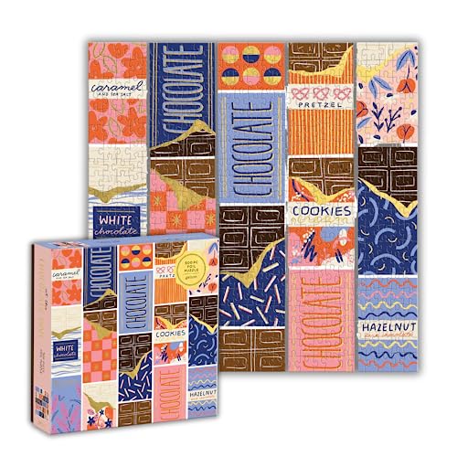 Chocolate bar themed 500-piece jigsaw puzzle with box, colorful and patterned.