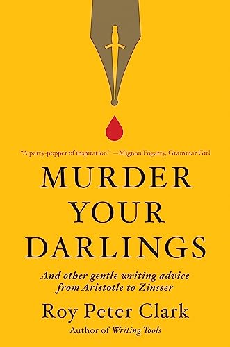 Book cover for Murder Your Darlings featuring a fountain pen nib and red ink drop.