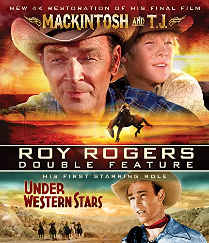 Roy Rogers and a young boy on a Blu-ray cover with western scenes.