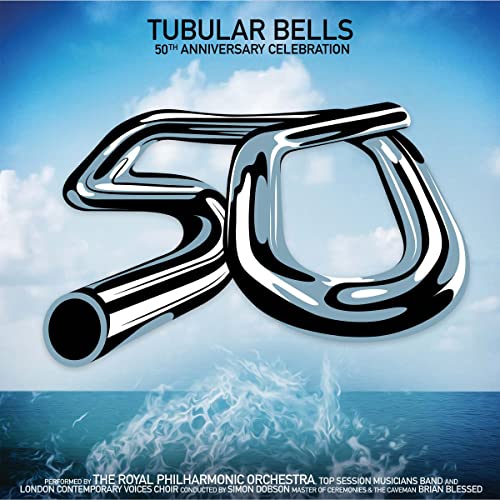 CD cover: silver tubular bells forming the number 50 over water.