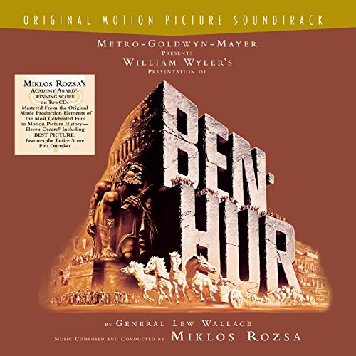 Ben-Hur soundtrack CD cover featuring a chariot race scene against large stone letters.