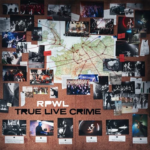 Cork board displaying a map with red string connecting various concert and band photos.