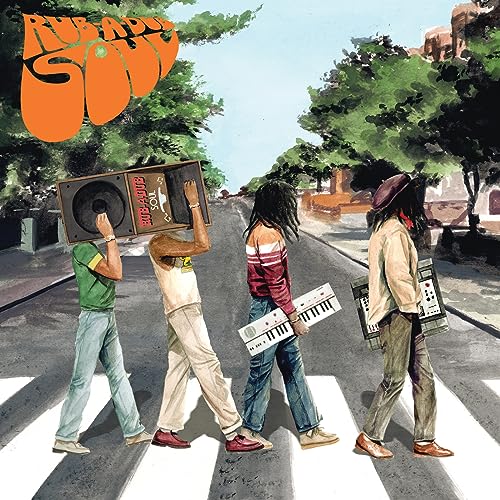 CD cover: men carrying boombox and keyboard crossing a street.