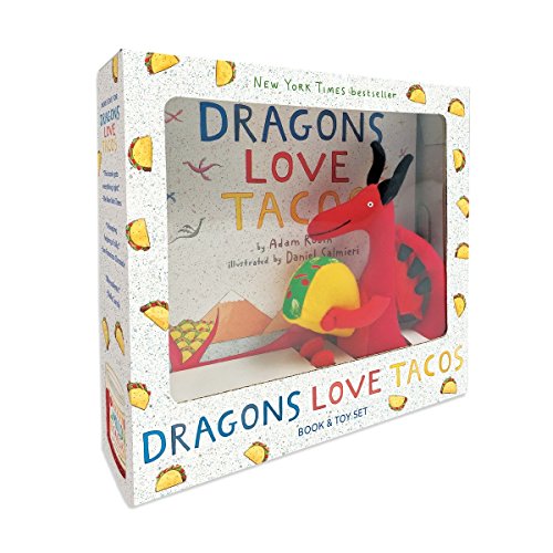 Book and red dragon plush inside a taco-themed gift box.