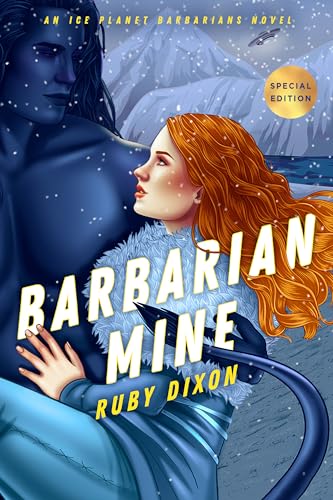 Book cover featuring a blue alien and red-haired woman in a snowy landscape.