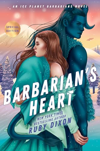 A woman with auburn hair embraces a blue-skinned horned man in a snowy landscape.
