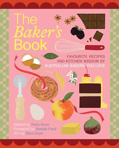 Cookbook cover with baking illustrations: pastries, fruit, whisk, and chocolate.