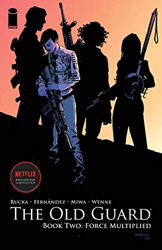 Comic book cover featuring four figures silhouetted against a warm sunset.