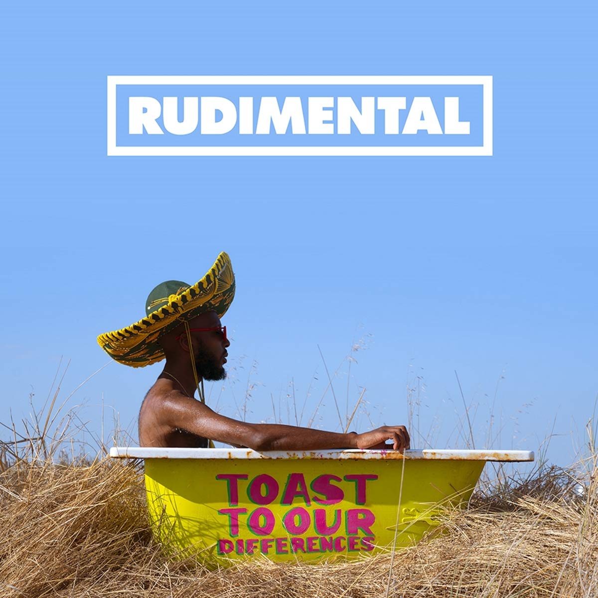 "Album cover with man in a bathtub outdoors, wearing a sombrero, against a blue sky."