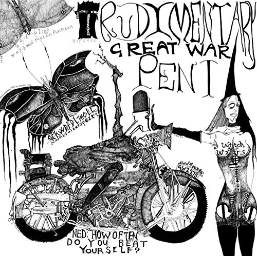 Black and white album cover with sketched figures, motorcycle, and text.