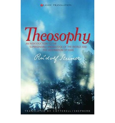 Book cover of Theosophy by Rudolf Steiner featuring a blue sky and tree silhouettes.