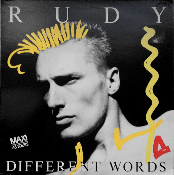 Black and white portrait of a man with a spiked hairstyle, album cover.