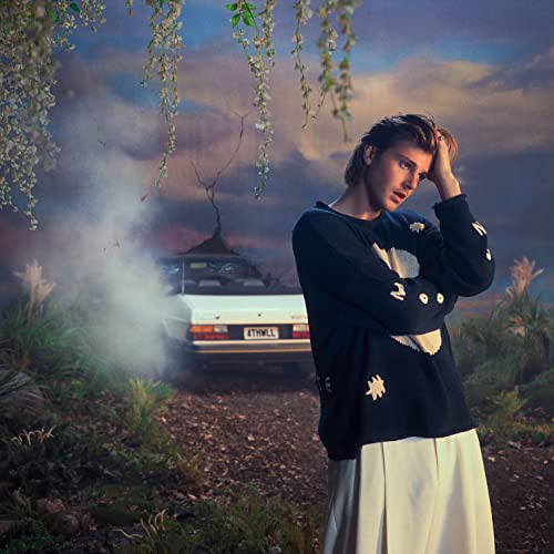 Ruel album cover: young man with a car in a misty landscape.