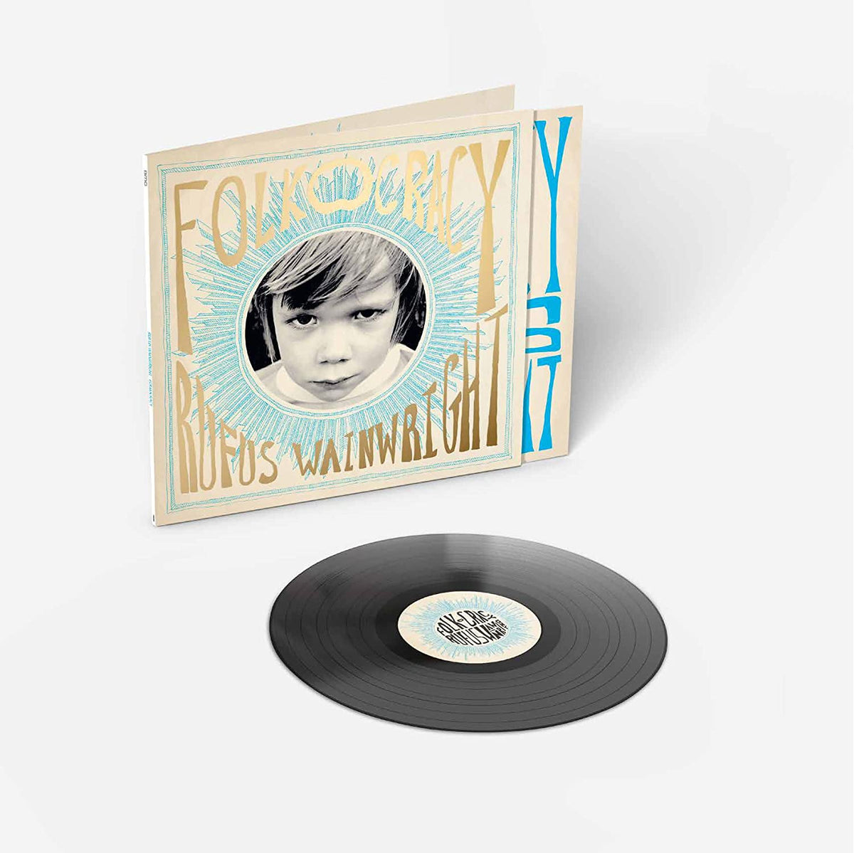 "Vinyl record and cover with child portrait and 'Folkocracy' title on a white background."