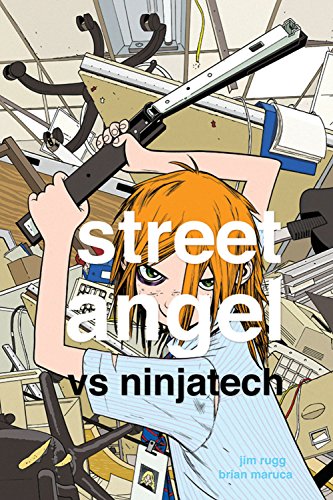 Comic book cover: girl with orange hair wielding a printer as a weapon.