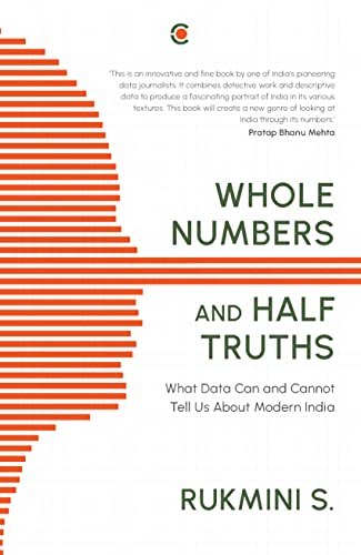 Book cover: "Whole Numbers and Half Truths" by Rukmini S., with orange lines.