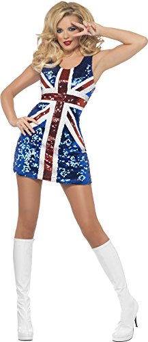 A woman wearing a sequined Union Jack mini dress and white knee-high boots.