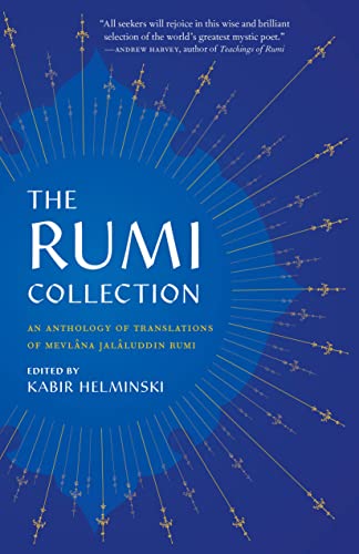 Book cover: “The Rumi Collection” anthology, blue with white text and starbursts.