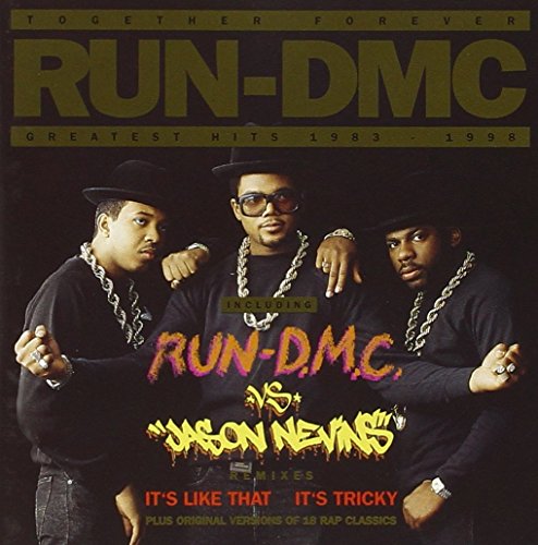 Run-DMC “Greatest Hits” CD cover featuring the hip-hop group in hats and gold chains.