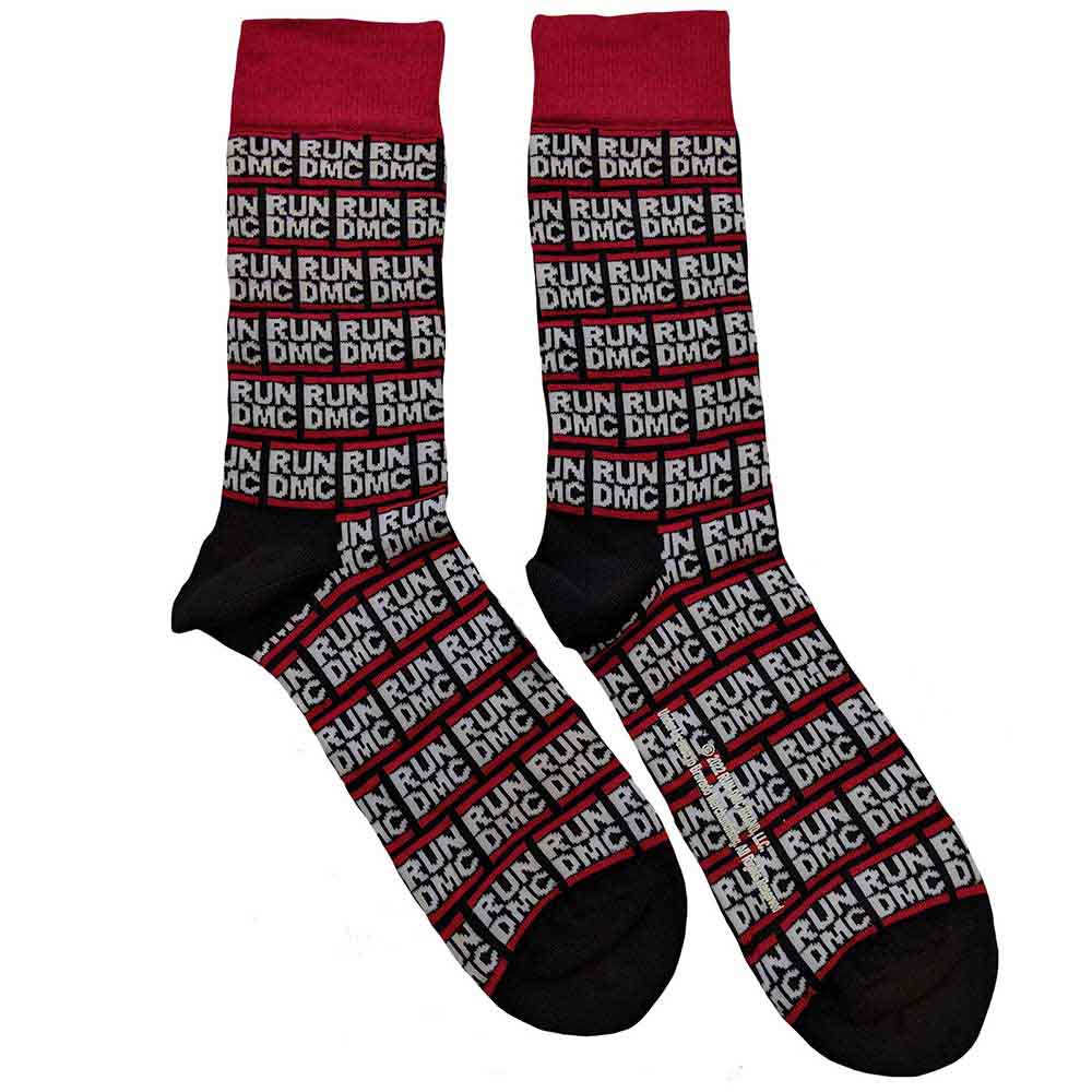 Black ankle socks featuring a repeating white Run DMC logo pattern.