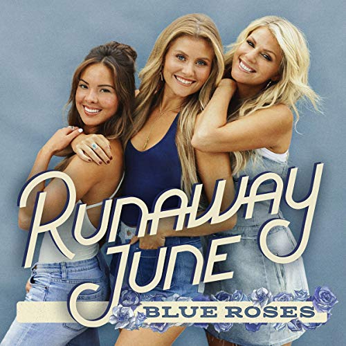 Three young women in casual clothing on a blue background with blue roses.
