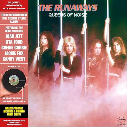 The Runaways’ “Queens of Noise” CD cover with band members in red tones.