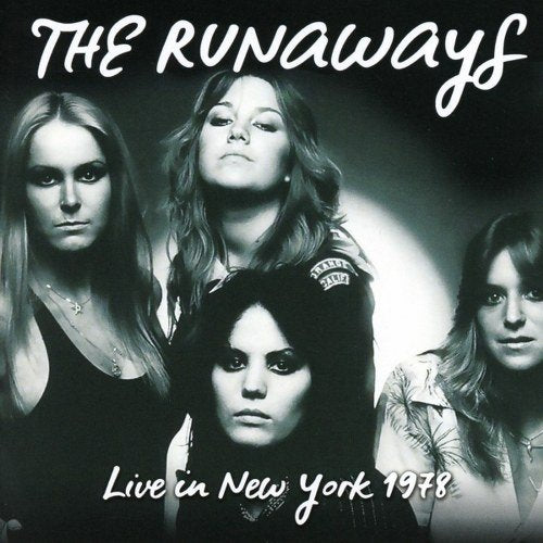 Black and white portrait of The Runaways, a 1970s rock band.
