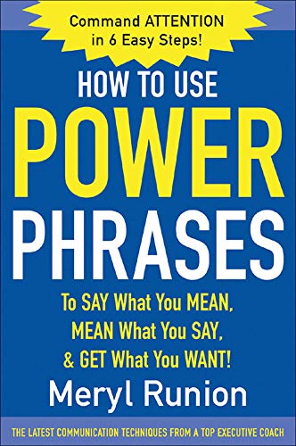 Blue book cover with bold yellow text: "Power Phrases" by Meryl Runion.