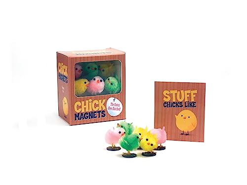 Box and colorful, fuzzy chick magnets with black bases on white background.